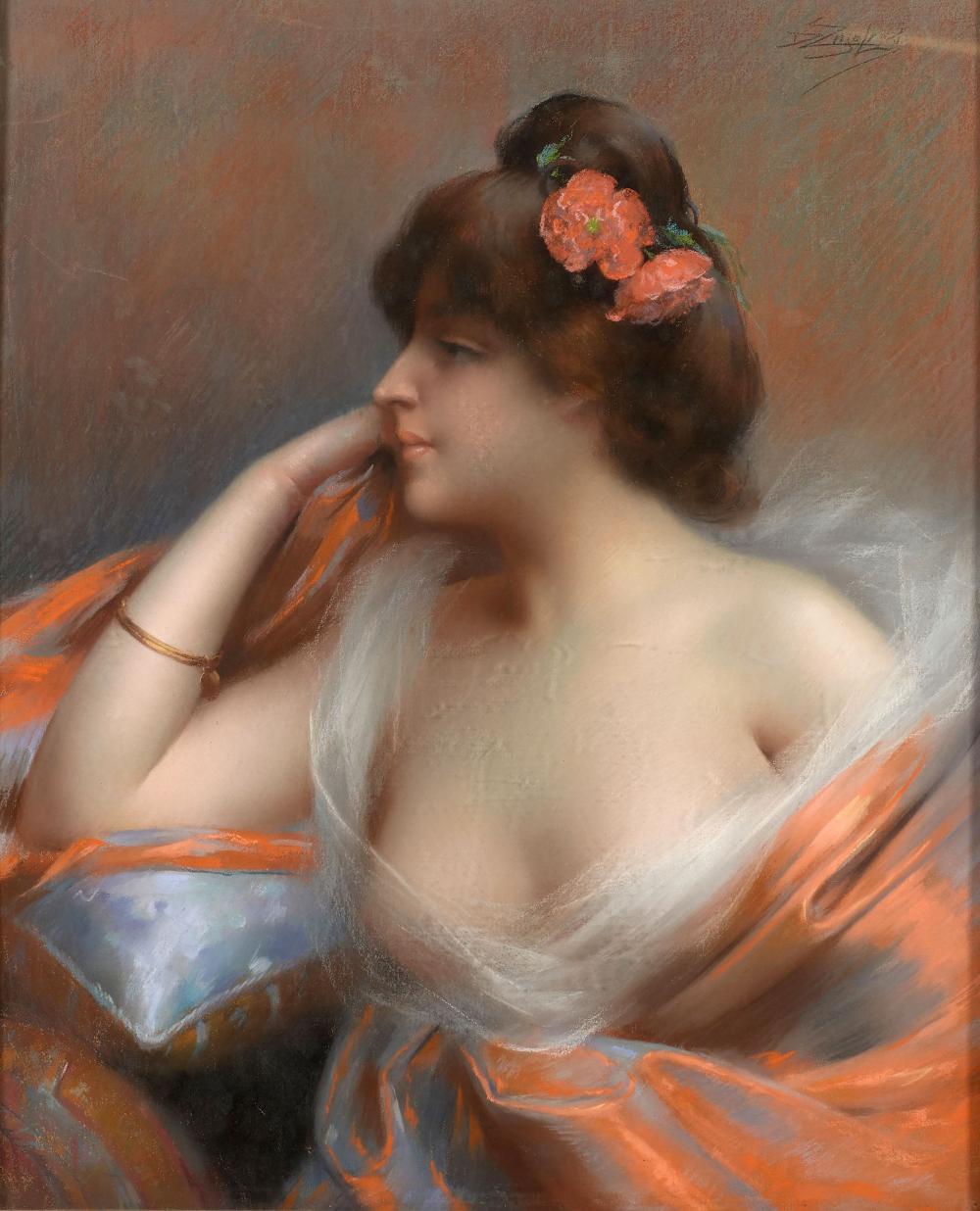 Donna con drappeggio arancione appoggiata sul gomito